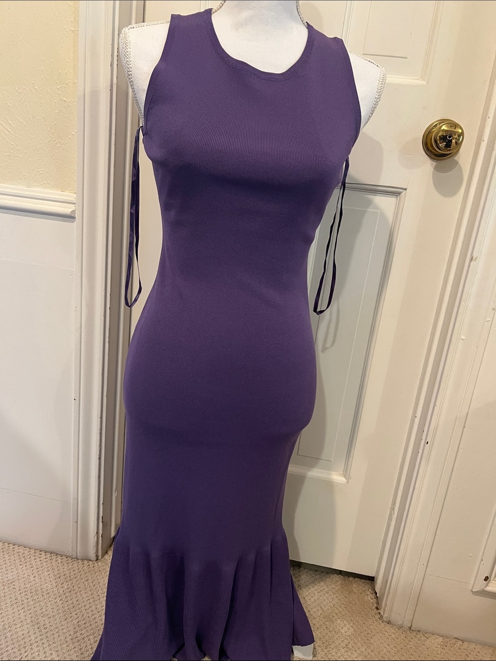 Ann Taylor Bodycon Sleeveless Purple Knit Midi Dress with Fluted Hem. Fall color